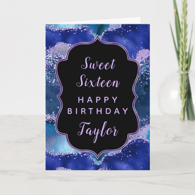 Blue Purple Ocean Agate Sweet 16 Happy Birthday Card (Front)