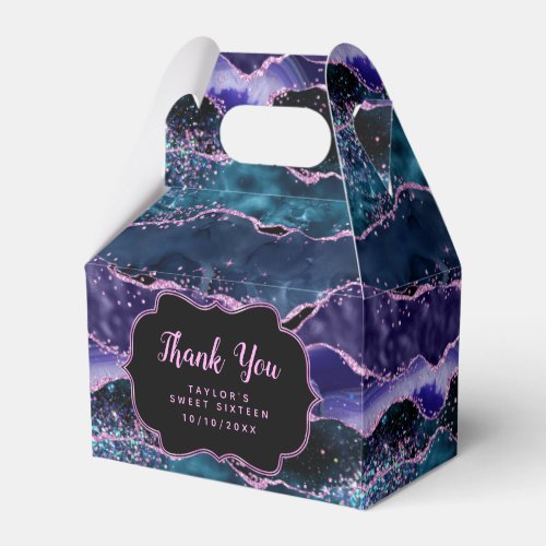 Blue Purple Ocean Agate Sweet Sixteen Thank You Favor Boxes