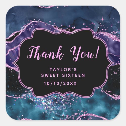 Blue Purple Ocean Agate Sweet Sixteen Thank You Square Sticker