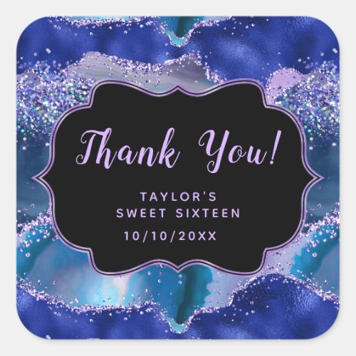 Blue Purple Ocean Agate Sweet Sixteen Thank You Square Sticker