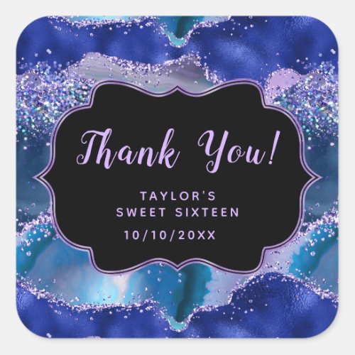 Blue Purple Ocean Agate Sweet Sixteen Thank You Square Sticker