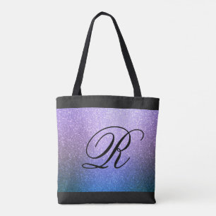 Blue Purple Ombre Glitter Design with Monogram Tote Bag