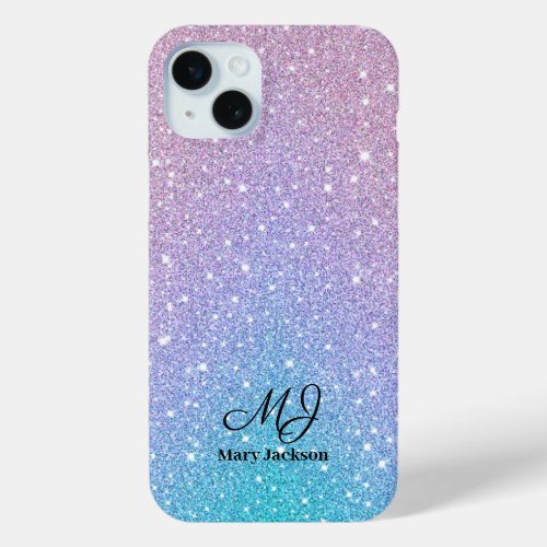 Blue Purple Ombre Glitter Personalized iPhone 15 Plus Case