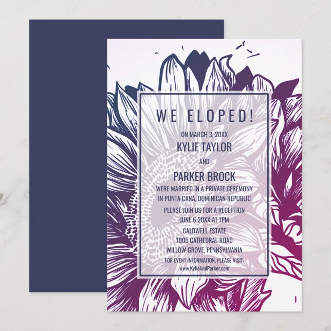 Blue & Purple Ombre Sunflowers Elopement Reception Invitation (Front/Back)