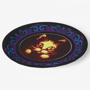 Blue Purple Orange Glowing Halloween Cat Paper Plates