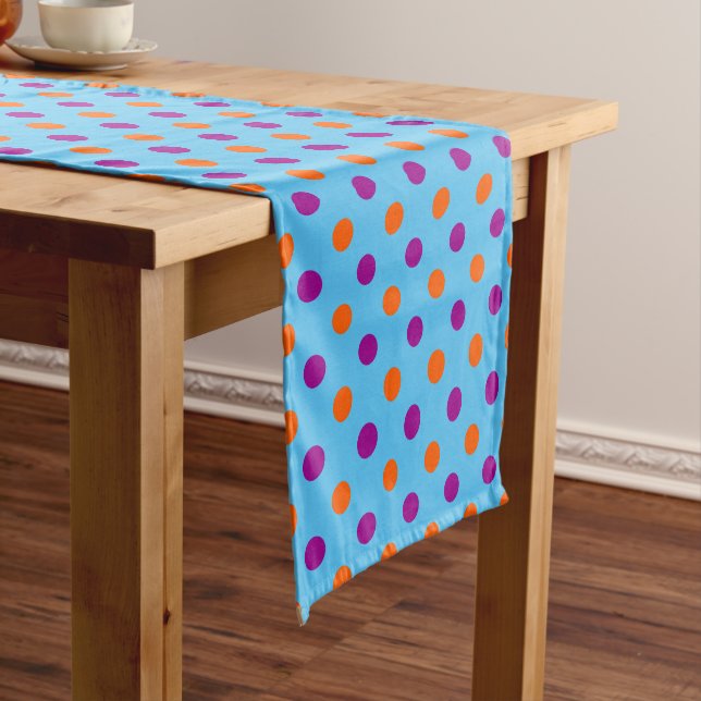 Blue Purple Orange Polka Dot Pattern Short Table Runner (In Situ)