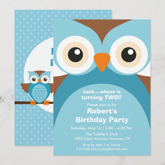Blue Purple Owl Birthday Party Invitation (Front/Back)