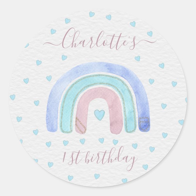 Blue Purple Pastel Rainbow First Birthday Classic Round Sticker (Front)