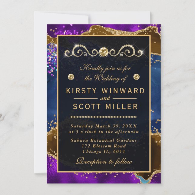 Blue & Purple Peacock Agate & gold glitter Wedding Invitation (Front)
