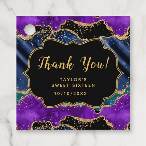 Blue Purple Peacock Agate Sweet Sixteen Thank You Favor Tags