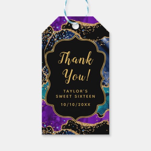 Blue Purple Peacock Agate Sweet Sixteen Thank You Gift Tags