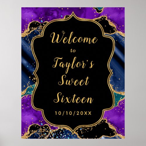 Blue Purple Peacock Agate Sweet Sixteen Welcome Poster