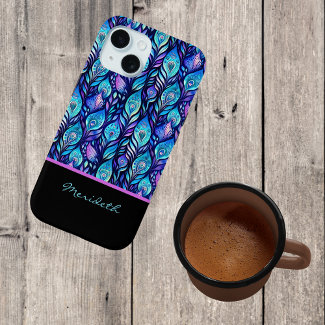 Blue Purple Peacock Feathers on Black Monogram