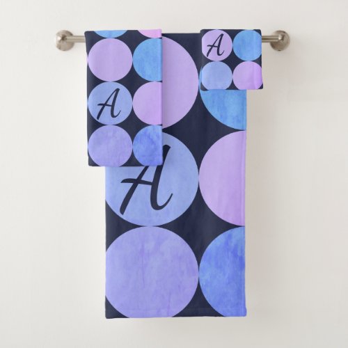 Blue Purple  Pink Circles Monogram Bath Towel Set