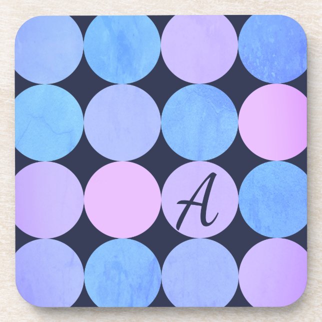Blue Purple & Pink Circles Monogram Drink Coaster (Front)
