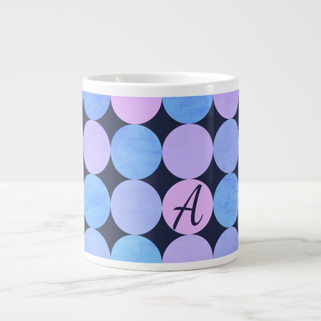 Blue Purple & Pink Circles Monogram Giant Coffee Mug (Front)