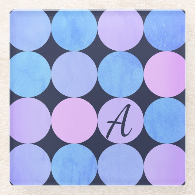 Blue Purple & Pink Circles Monogram Glass Coaster (Front)