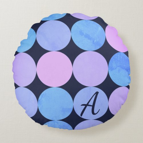 Blue Purple  Pink Circles Monogram Round Pillow