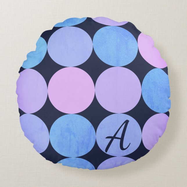 Blue Purple & Pink Circles Monogram Round Pillow (Front)