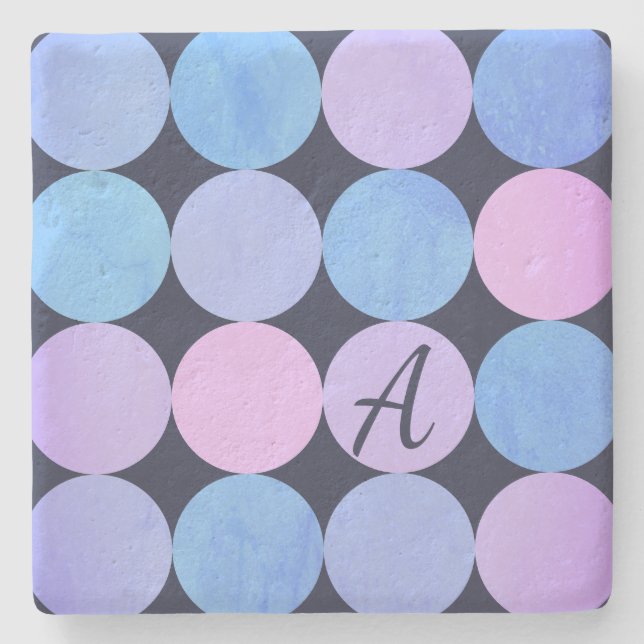 Blue Purple & Pink Circles Monogram Stone Coaster (Front)