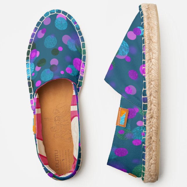 Blue purple pink confetti dots on teal trendy chic espadrilles (Side)