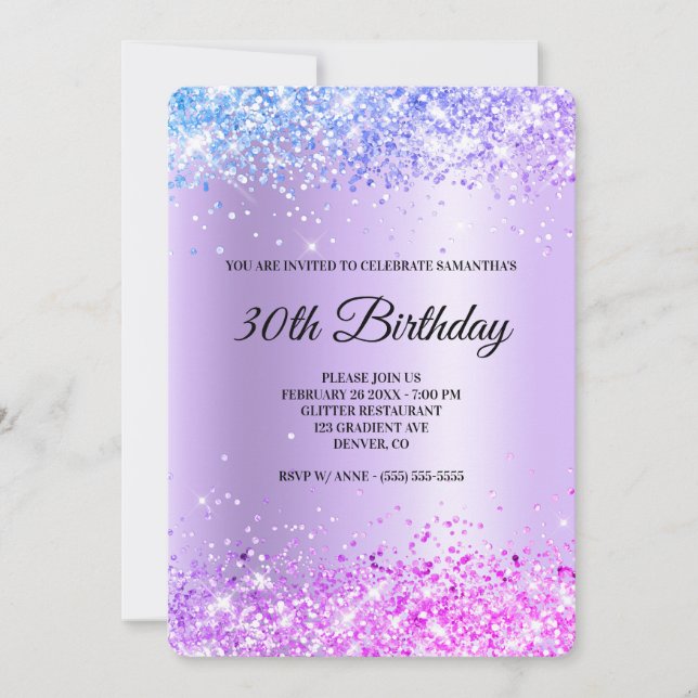 Blue Purple Pink Glitter Lavender 30th Birthday Invitation (Front)