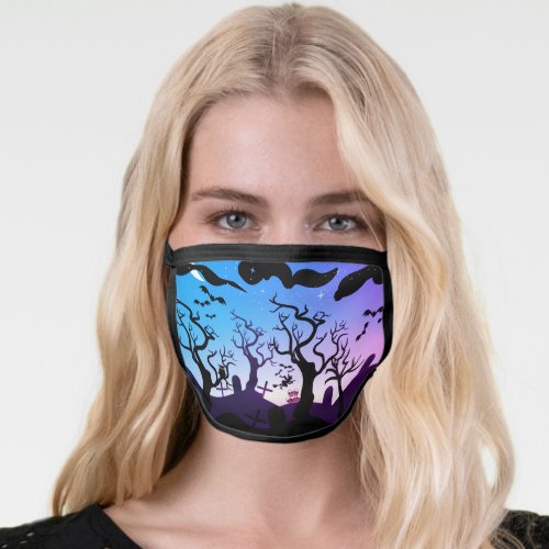 Blue purple pink graveyard scene Halloween Face Mask