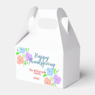 Blue purple pink happy thanksgiving add family n favor boxes