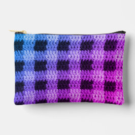 Blue Purple Pink Hues Plaid Artisan Crochet Print  Accessory Pouch
