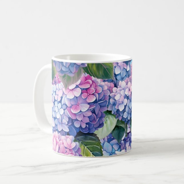 Blue Purple Pink Hydrangea Pattern Coffee Mug (Front Left)