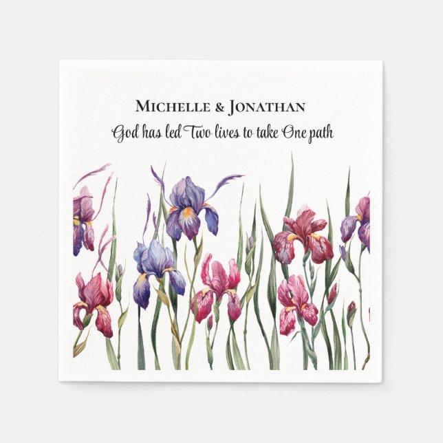 Blue Purple Pink Iris Floral Inspirational Wedding Napkins (Front)