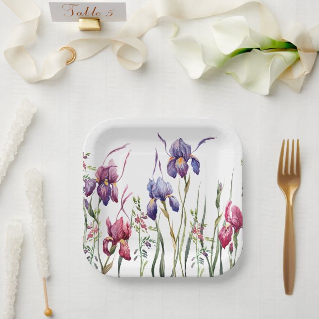 Blue Purple Pink Iris Flowers Watercolor Garden  Paper Plates (Wedding)