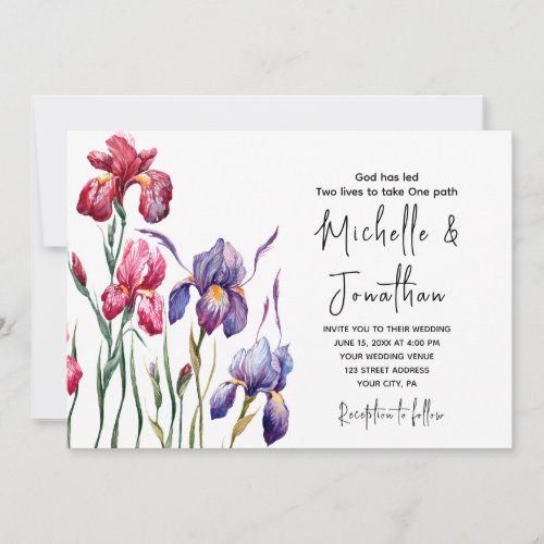 Blue Purple Pink Iris Garden Christian Wedding Invitation