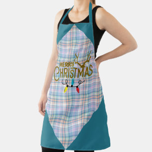 Blue Purple Pink Plaid Merry Christmas Lights Apron