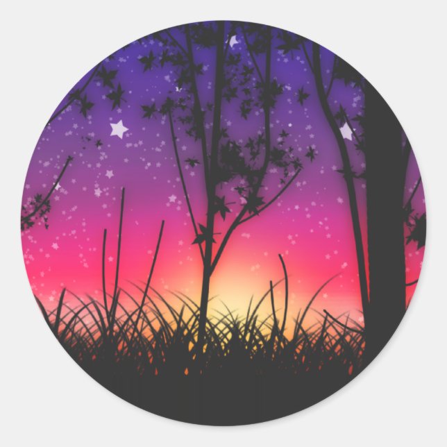 Blue Purple Pink Sunset Moonrise Classic Round Sticker (Front)