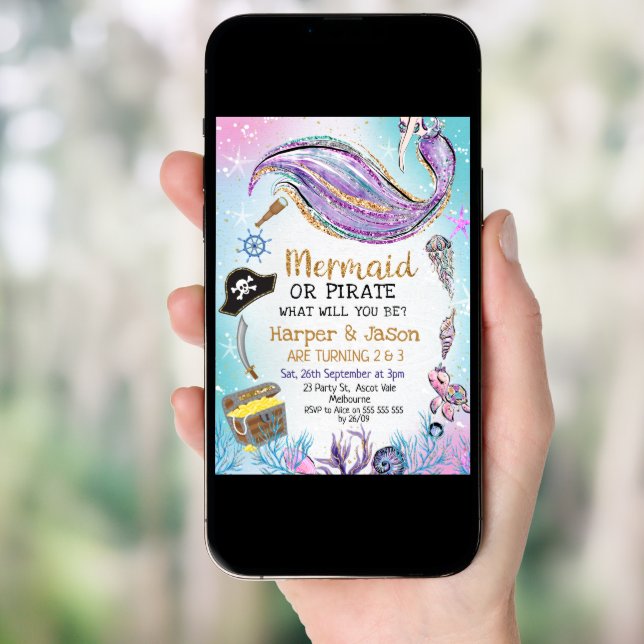 Blue Purple Pirates Mermaid Joint Birthday Invitation (Front Digital)