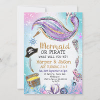 Blue Purple Pirates Mermaid Joint Birthday Invitation