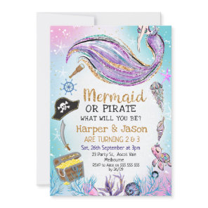 Blue Purple Pirates Mermaid Joint Birthday Invitation
