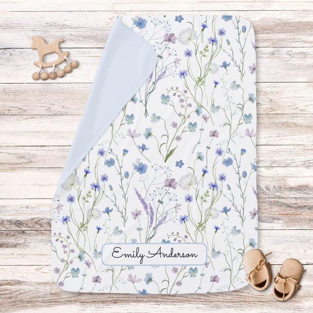 Blue Purple Pretty Wildflower Floral Pattern Baby Blanket (In situ)