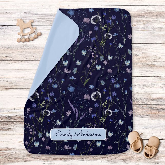 Blue Purple Pretty Wildflower Floral Pattern Baby Blanket (In situ)
