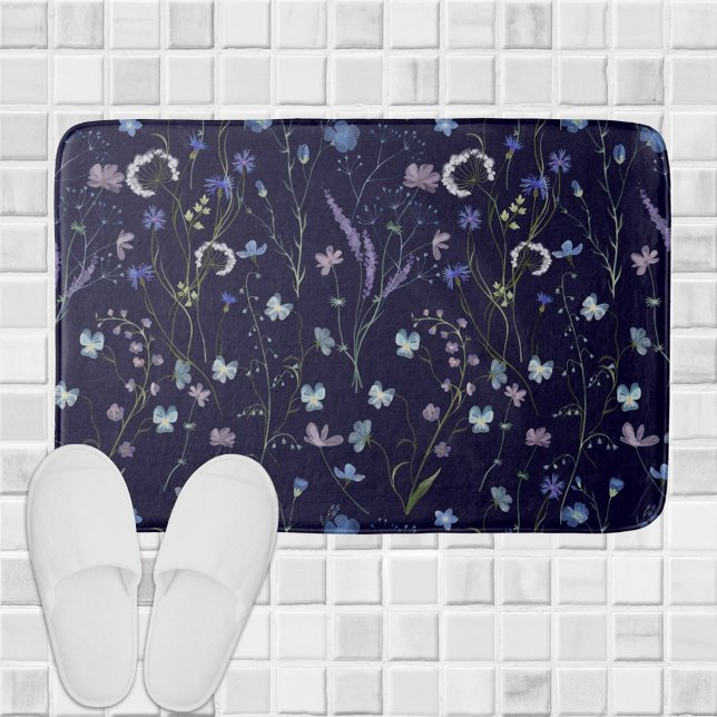 Blue Purple Pretty Wildflower Floral Pattern Bath Mat (In situ)