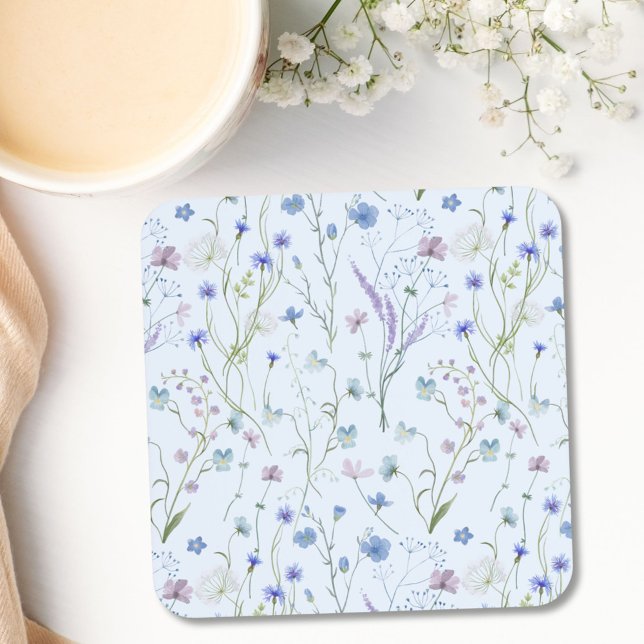 Blue Purple Pretty Wildflower Floral Pattern Beverage Coaster (In situ)