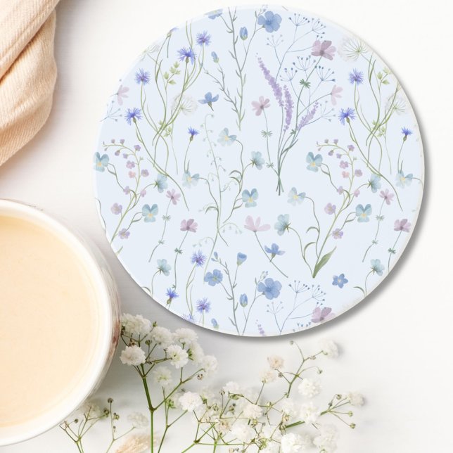 Blue Purple Pretty Wildflower Floral Pattern Coaster (In situ)