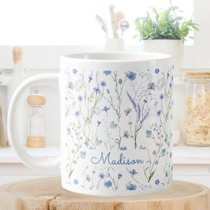 Blue Purple Pretty Wildflower Floral Pattern Giant Coffee Mug