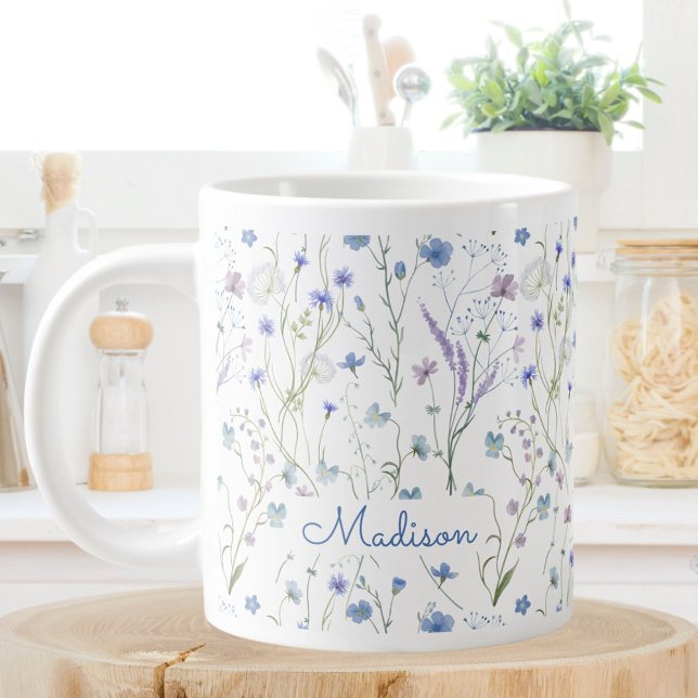 Blue Purple Pretty Wildflower Floral Pattern Giant Coffee Mug (In situ)
