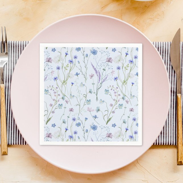 Blue Purple Pretty Wildflower Floral Pattern Napkins (In situ)
