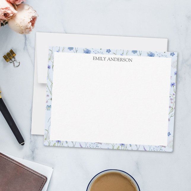 Blue Purple Pretty Wildflower Floral Pattern Note Card (In situ)