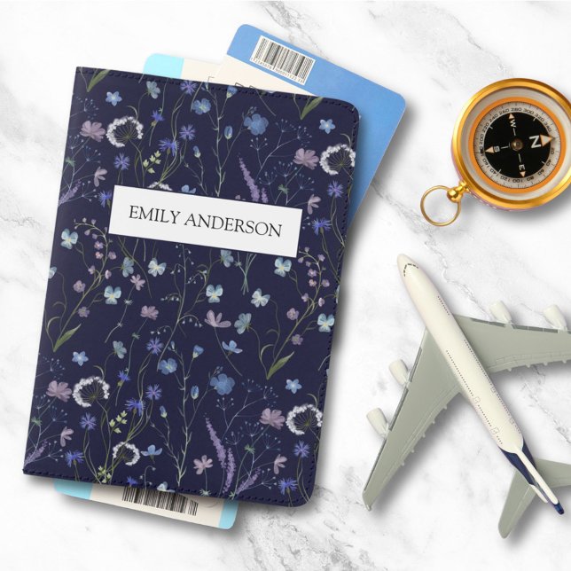 Blue Purple Pretty Wildflower Floral Pattern Passport Holder (In situ)