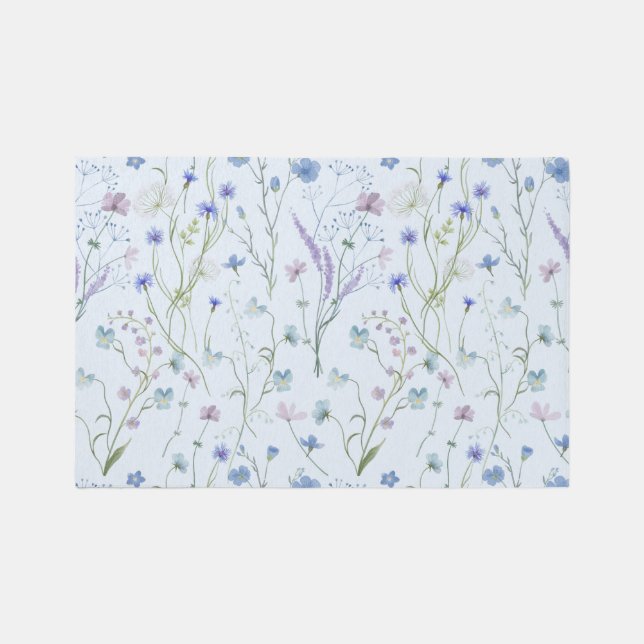 Blue Purple Pretty Wildflower Floral Pattern Rug (Front)
