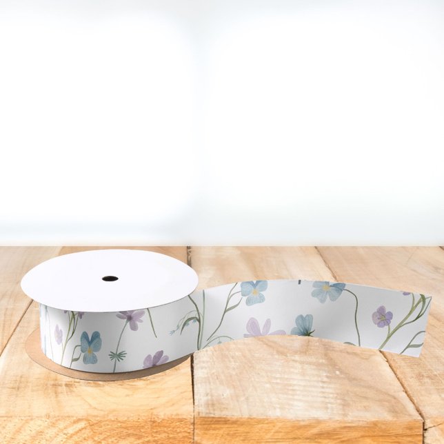 Blue Purple Pretty Wildflower Floral Pattern Satin Ribbon (In situ)